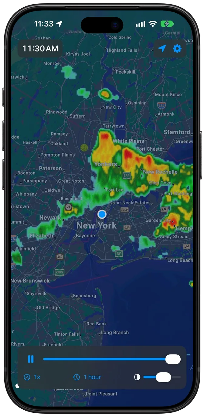 Radar Junkie on iPhone, showing animated radar over New York
